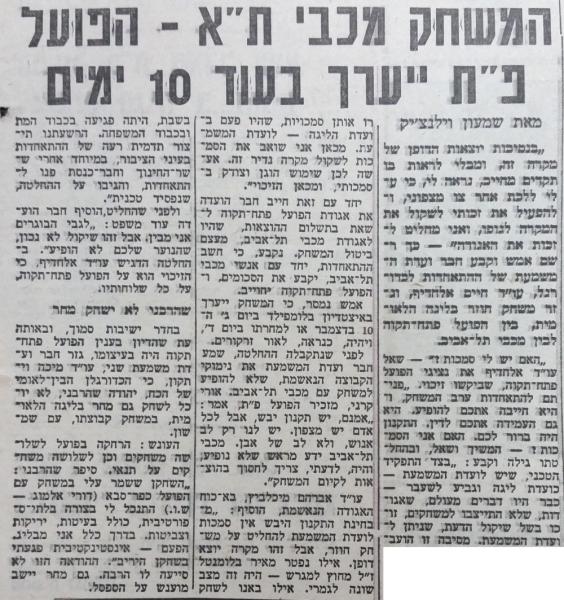 חדשות הספורט - ידיעה על דחיית המשחק מול מכבי ת"א בעקבות מותו של מאיר בלומנטל באימון הקבוצה