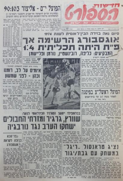 סיקור בחדשות הספורט של משחק ידידות מול אוגסבורג הגרמנית שנערך ב-31/12/1974 והסתיים בניצחון 1:4