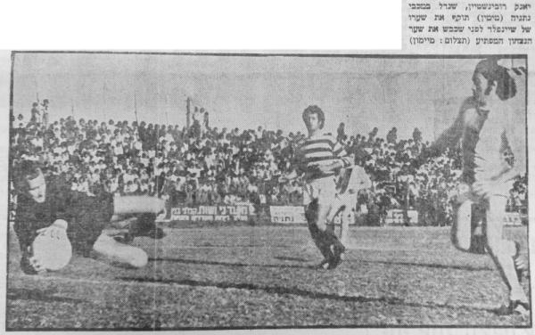 יעקב רובינשטיין (מימין) מול שוער מכבי נתניה מיקי שינפלד