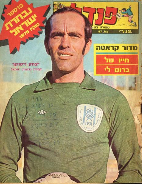 שוער הפועל פ"ת ונבחרת ישראל, איציק ויסוקר, על שער העיתון "פנדל" (1975)