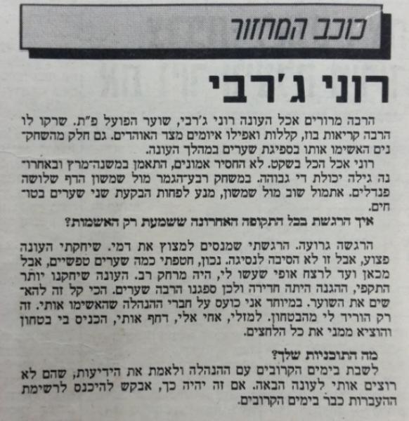 ראיון עם רוני ג'רבי לאחר שנבחר לכוכב המחזור בידיעות אחרונות