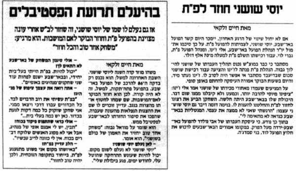 דצמבר 1988 - יוסי שושני צפוי לחזור להפועל פ"ת