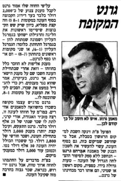 על השכר של מאמן הפועל פ"ת, אברם גרנט. מתוך מעריב, 9 בפברואר 1989