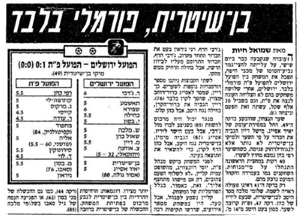טוטו - מחזור 6 - הפועל ירושלים (1:0) - סיקור המשחק בידיעות אחרונות