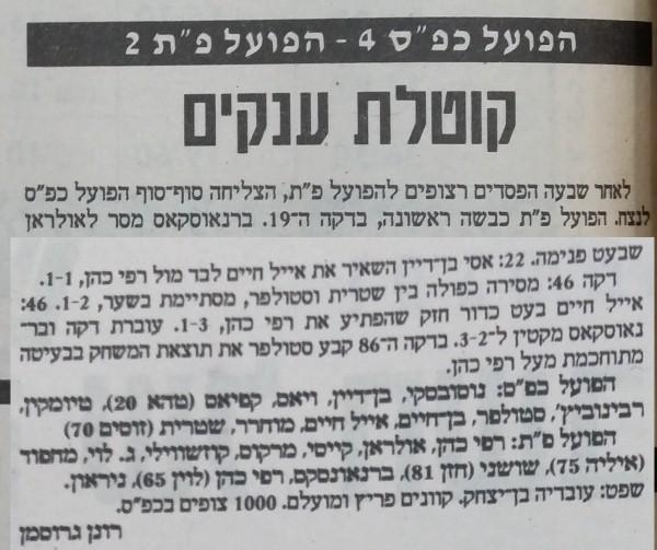 טוטו - מחזור 5 - הפועל כפר-סבא (4:2) - סיקור המשחק בעיתון חדשות