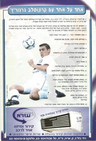 מתוך תוכניית המשחק - אחד על אחד עם קרונוסלב גרגוריץ'