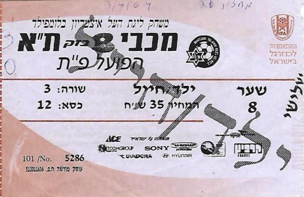 כרטיס כניסה למשחק בין הפועל פתח תקוה ומכבי תל אביב. מתוך [a href="http://www.maccabipedia.co.il/%D7%9B%D7%A8%D7%98%D7%99%D7%A1%D7%99%D7%9D_%D7%95%D7%9E%D7%A0%D7%95%D7%99%D7%99%D7%9D"]מכביפדיה[/a]