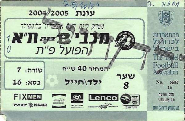 כרטיס כניסה למשחק בין הפועל פתח תקוה ומכבי תל אביב. מתוך [a href="http://www.maccabipedia.co.il/%D7%9B%D7%A8%D7%98%D7%99%D7%A1%D7%99%D7%9D_%D7%95%D7%9E%D7%A0%D7%95%D7%99%D7%99%D7%9D"]מכביפדיה[/a]