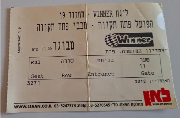 כרטיס למשחק בין הפועל פתח תקוה ומכבי פתח-תקוה