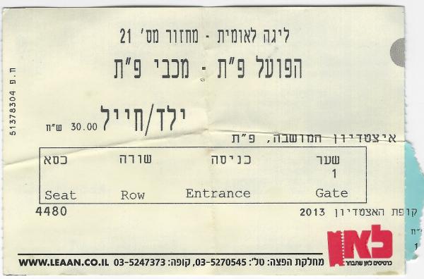 כרטיס למשחק בין הפועל פתח תקוה ומכבי פתח-תקוה