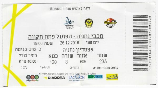 כרטיס למשחק בין הפועל פתח תקוה ומכבי נתניה