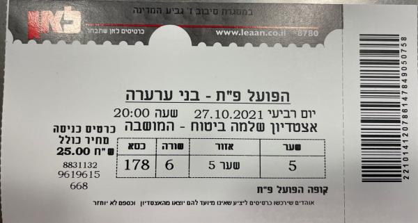 כרטיס למשחק בין הפועל פתח תקוה ובני ערערה