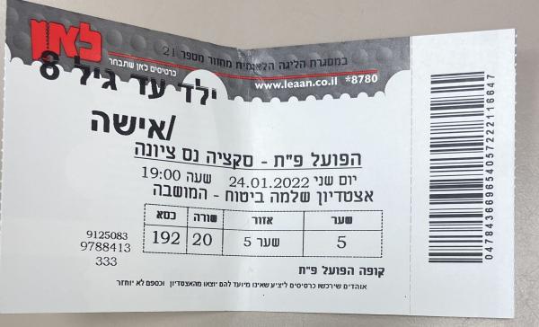 כרטיס למשחק בין הפועל פתח תקוה וסקציה נס-ציונה