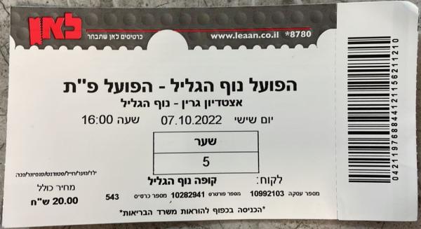 כרטיס למשחק בין הפועל פתח תקוה והפועל נוף הגליל